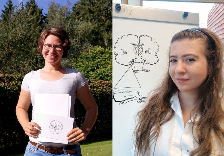På bilden till vänster är en kvinna som står utomhus på en gräsmatta och håller i sitt examensbevis från KI. Bilden på höger visar en kvinna i labb-rock som står framför en tavla med tecknad bild med förklaring av hjärnan.