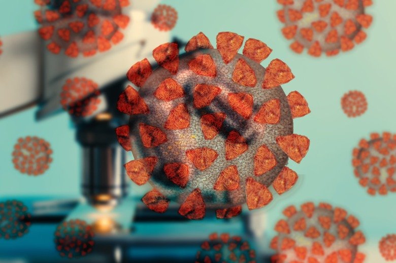 Bilden visar flera illusterade, färgglada coronavirus med ett mikroskop i bakgrunden.