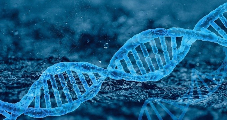 Blå bild som föreställer en illustration av DNA spiral