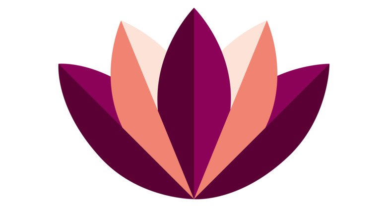 En grafisk form  som liknar en näckros med spetsiga blad i KI:s profilfärg plommonlila och ljusare nyanser.