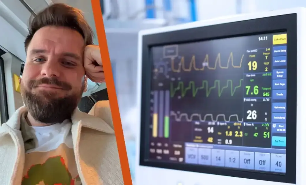 Porträtt av Jonas Flodin, sjuksköterska som nu studerar specialistsjuksjköterskeprogrammet intensivvård samt en skärm med ivaparametrar.