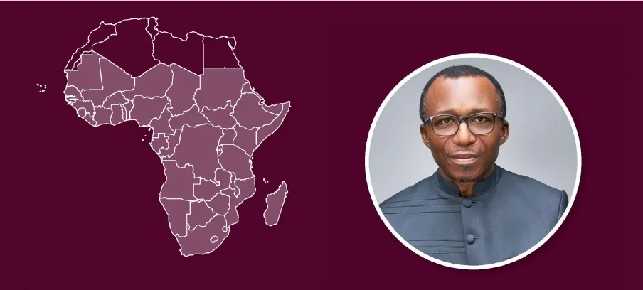 En karta över Afrika där länderna söder om Sahara är markerade samt ett foto av professor Choukem.