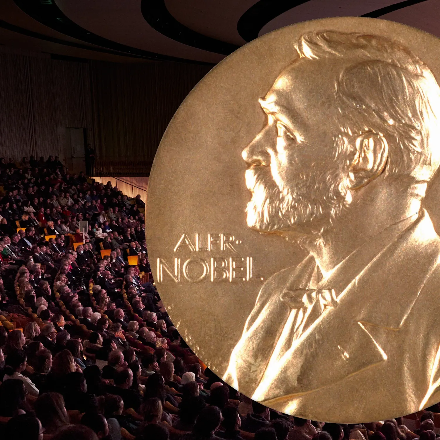 Nobelprisets medalj framför en publik.