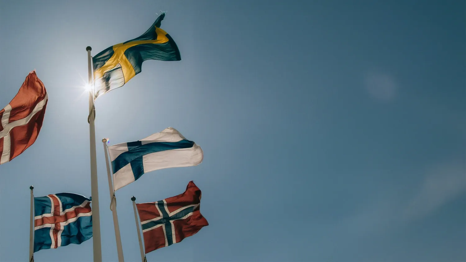 Alla nordens flaggor svajande i vinden.
