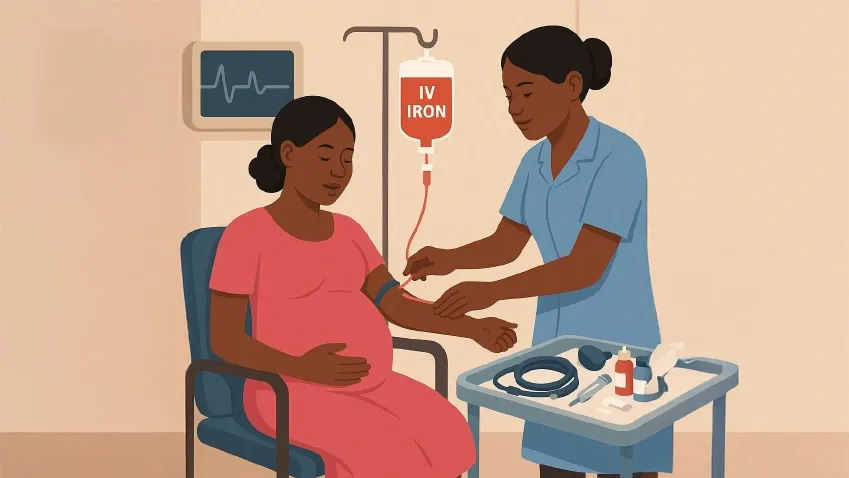 En gravid kvinna sitter på en undersökningsbänk på en vårdmottagning och ges en infusion av järn av en sjuksköterska.