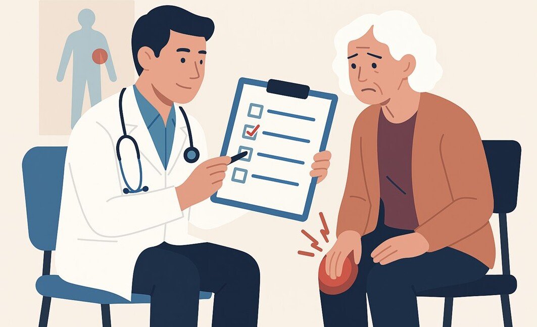 Läkaren lyssnar på en patient som tar på sitt ömmande knä.