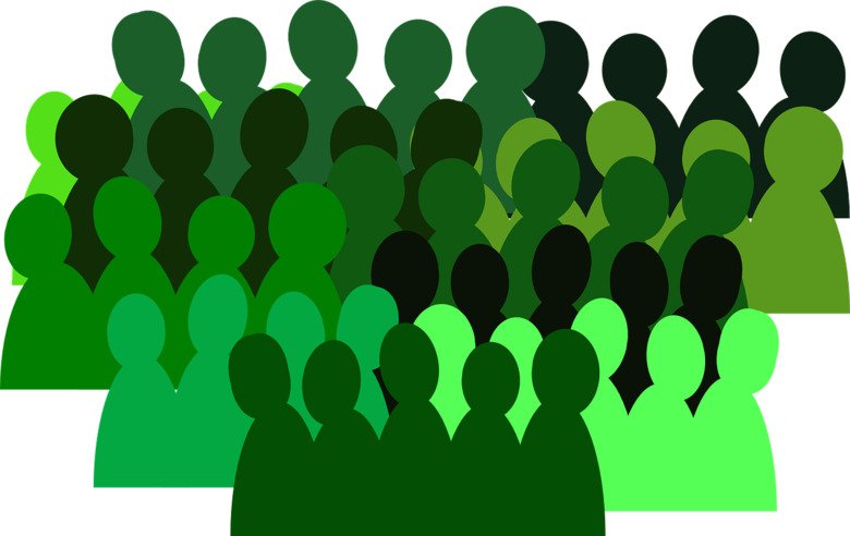 Gröna silhuetter som illustrerar människor i grupp eller antal, population, statistik.