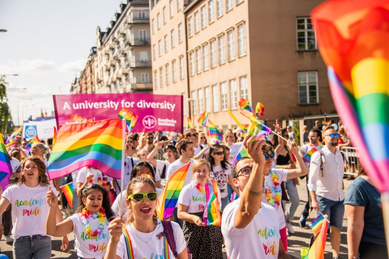 Colorful images of happy people, pride flags and a sunny sky.