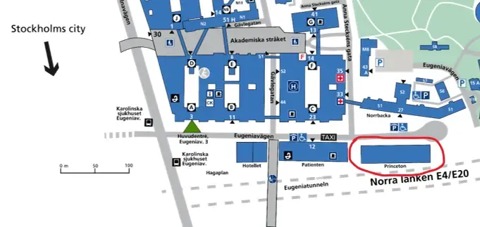 Karta över Solna sjukhusområde med Princetonbyggnaden inringad.