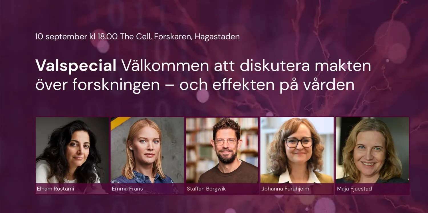 Bild på talare och moderator under eventet – Elham Rostami, Staffan Bergwik, Emma Frans, Johanna Furuhjelm och moderator Maja Fjaestad – med dekorativ bakgrundsbild.