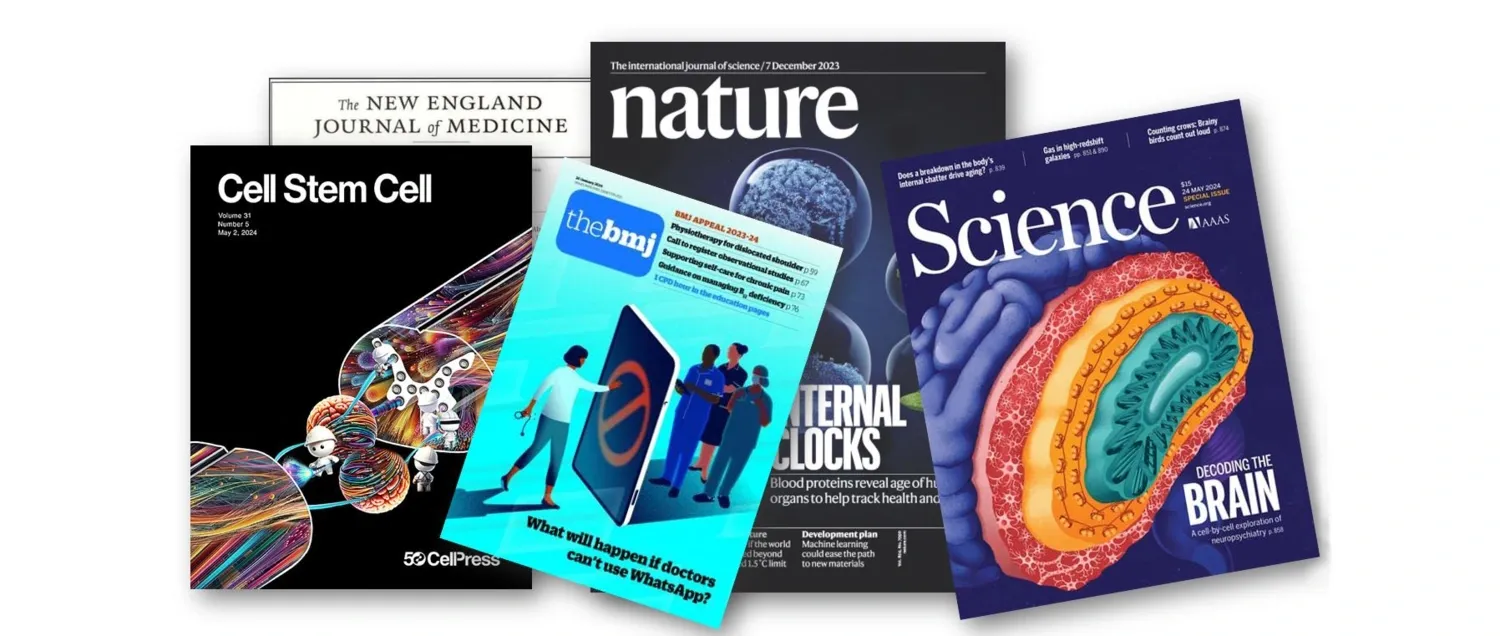 Collage med bilder av tidskriftsomslag: NEJM, Cell Stem Cell, BMJ, Nature och Science.