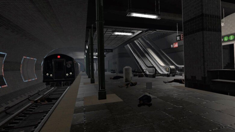 Virtuell bild av en bombning i tunnelbanan, skadade människor ligger på golvet