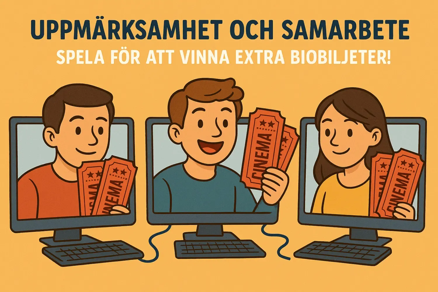 tecknad bild av 3 personer i datorskärmar som håller i biobiljetter