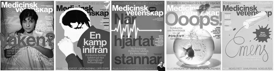 Fem omslag från 2016, tidskriften Mediinsk Vetenskap