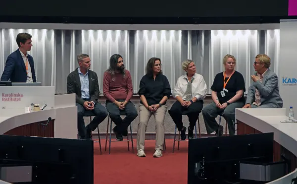 Panelen i diskussion. Sex personer i rad sitter på stolar.