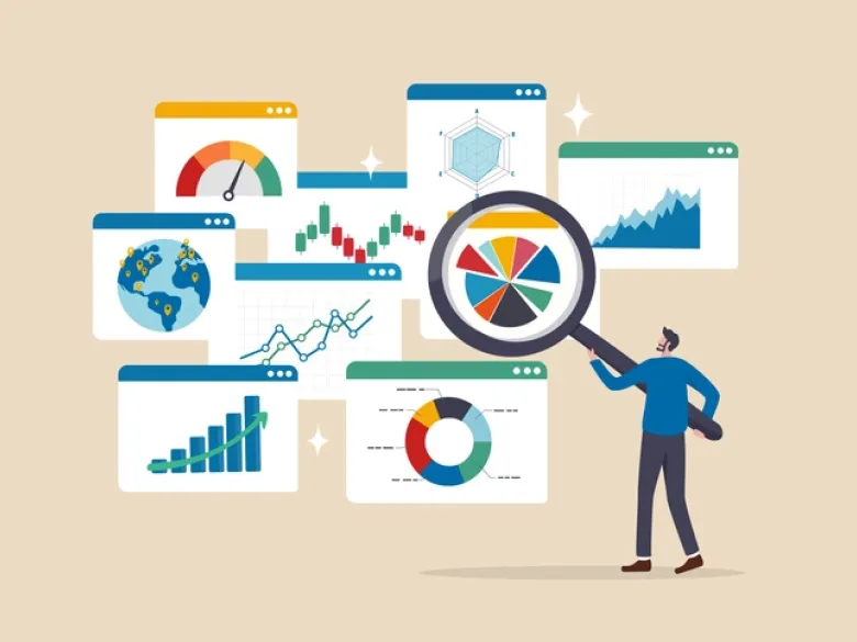 illustration av en man som analyserar forskningsresultat