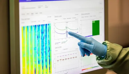 Person in protective clothing pointing at a computer screen with scientific charts in a lab environment.