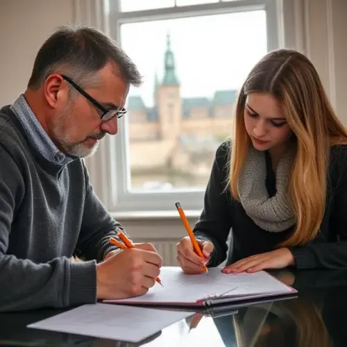 Man and woman with pencils and paper.