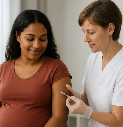 Pregnant woman receiving a vaccination from a nurse.