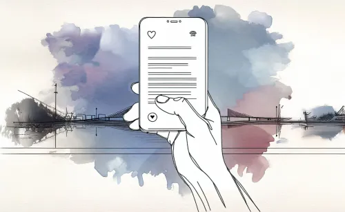 AI generated drawing of a hand holding a smartphone with text on the screen. In the background you see a city skyline.