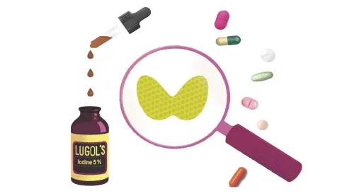 Picture of thyroid gland surrounded by pills and droplets