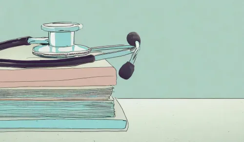 A drawing of a stack of medical journals with a stethoscope on top