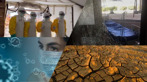 Collage of four images. From left: four people in ppe, smashed window to a hospital room, dried soil, covid virus and woman wearing a face mask