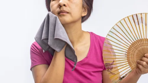 Woman cools down with fan and towel.