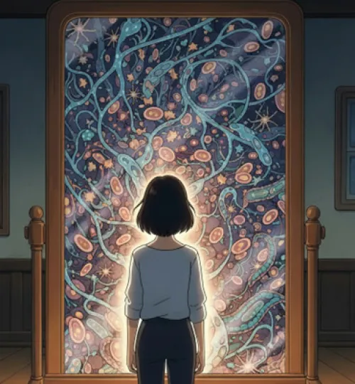 The back of a woman looking in a mirror