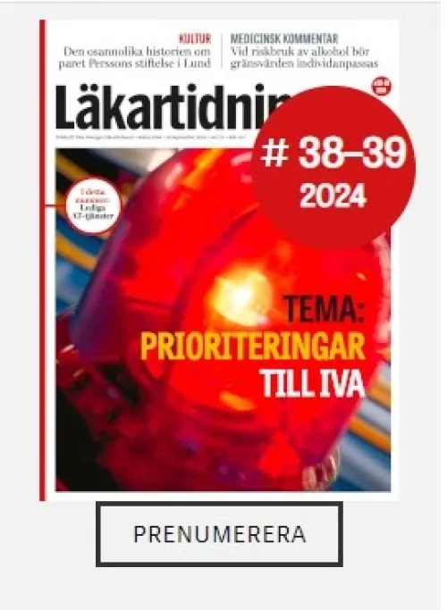 First page of the magazine Läkartidningen, photo of a red emergency light