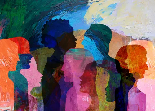 Illustrated colorful painting with people in profile