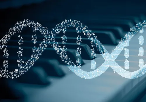 Decorative image representing a musical DNA spiral that is used in presentations of the research group&#039;s work on the genetics of music.