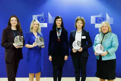 Recipients of the first EU Award for (Academic) Gender Equality Champions: from left,  Niamh O’Reilly (Maynooth University), Allison Kenneally (South East Technological University), Mariya Gabriel (EU commissioner), Annika Östman Wernerson (Karolinska Ins