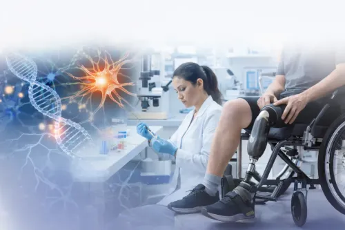 Overlapping images with a DNA strand on the left, a researcher sitting in the laboratory in the centre, and a wheelchair user with a prosthetic leg on the right.
