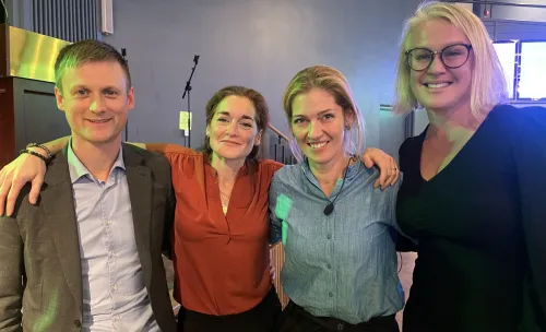 The non-profit cultural organisation Arts &amp; Hearts consists of (from left) Elias Nyberg, Anni Grosse, Sissela Nutley, recipient of KI&#039;s Culture Prize 2024, and Ulrika Larsson.