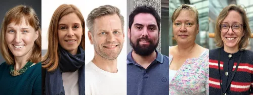 Six pictures side by side showing recipients of funds to strengthen the connection between education and research. From left: Sara Windahl, Helen Kaipe, Tommy Lundberg, Rodrigo Morales Castro, Pernilla Lång och Victoria Menéndez Benito.