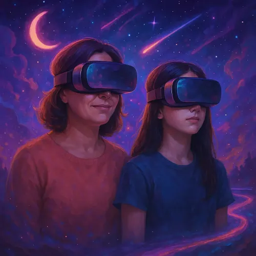 drawing of mother and daughter wearing VR glasses