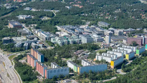 Aerial image over Karolinska Institutet Campus Flemingsberg.
