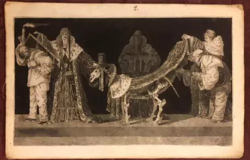 Image depicts an animal skeleton admired by four men i historical clothing.