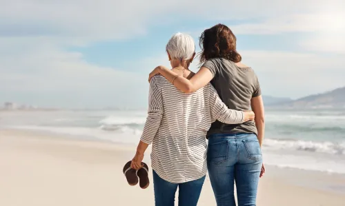 two women walking on a beach