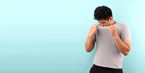 man smelling his t-shirt