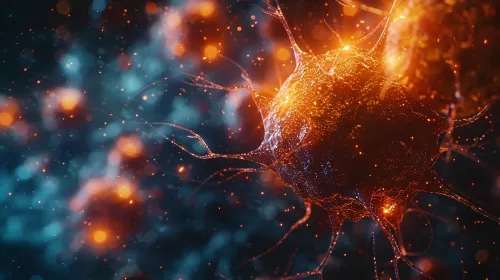Illustration of a cell with elongations floating in space with dots of light.