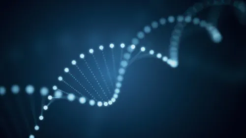 Decorative: 3d illustration of rotating DNA glowing molecule on blue background.